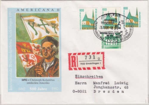 BRD - Americana II 500 J. Entdeckung Amerika, 100 Pfg. Privat-GA-Umschlag 1991