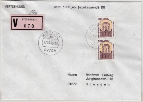BRD - 2x500 Pfg. SWK, Wertbrief Löbau Kittlitz - Dresden 1995