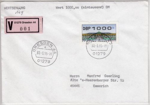 BRD - 1000 Pfg. ATM, Wertbrief Dresden 44 - Emmerich 1995