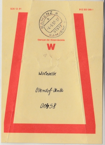 BRD - Vorbundzettel f. Wertbriefsendungen Kamenz 4 Kamjenc 1997