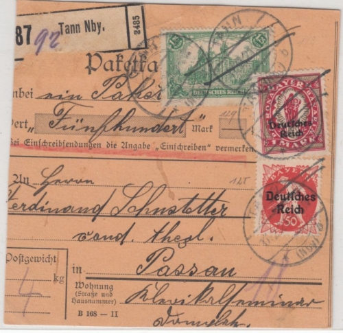 DR-Infla - 1,25 M. Reichspostamt u.a., Wertpaketkarte Tann - Passau 1921