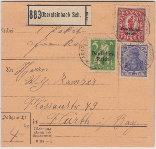 DR-Infla - 1 M. By-Abschied/DR u.a., Paketkarte Obersteinbach - Fürth 1920