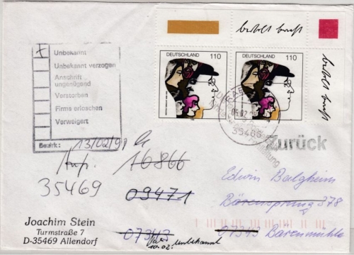BRD - 100. Geb. B. Brecht, 2x110 Pfg. Brief 2. Gew.st. Rabenau - Bärenmühle 1998