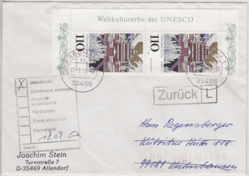 BRD - Puning Tempel Kulturerbe, 2x110 Pfg. Brief 2. Gew.st. Rabenau 1998 n.