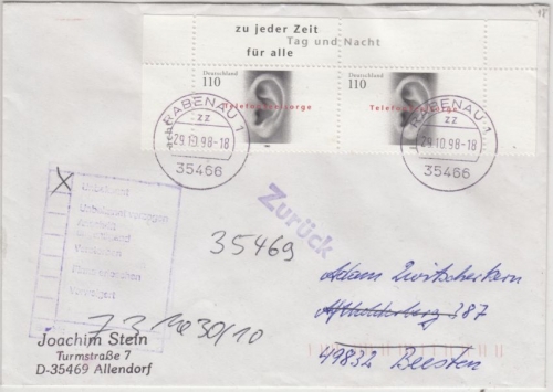 BRD - Telefonseelsorge, 2x110 Pfg. Brief 2. Gew.st. Rabenau - Beesten 1998