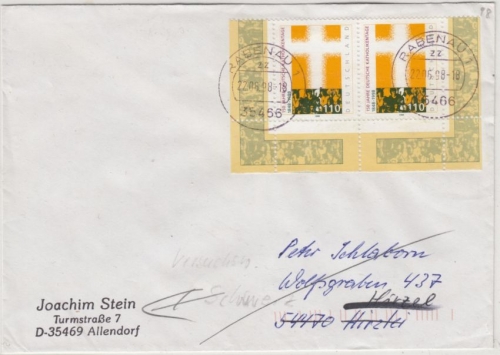 BRD - 150 J. Dt. Katholikentage, 2x110 Pfg. Brief 2. Gew.st. Rabenau 1998 n.