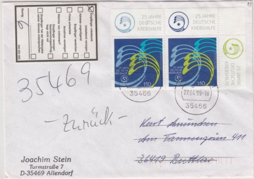 BRD - 25 J. Dt. Krebshilfe, 2x110 Pfg. Brief 2. Gew.st. Rabenau - Buttlar 1999