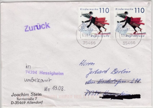 BRD - Für uns Kinder, Blockmarke, 2x110 Pfg. Brief 2. Gew.st. Rabenau 1999 n.