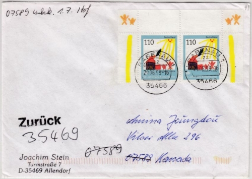 BRD - 50 J. SOS-Kinderdöfer, 2x110 Pfg. Brief 2. Gew.st. Rabenau - Kanada 1999