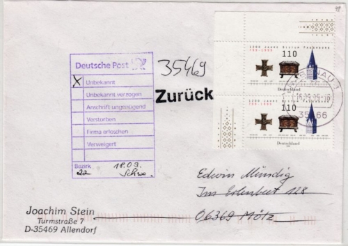 BRD - 1200 J. Bistum Paderborn, 2x110 Pfg. Brief 2. Gew.st. Rabenau - Mötz 1999