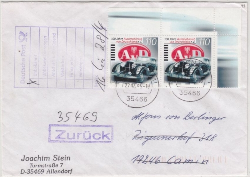 BRD - 100 J. Automobilclub AvD, 2x110 Pfg. Brief 2. Gew.st. Rabenau - Kamin 1999
