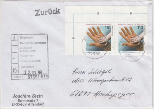 BRD - Int. Jahr d. Senioren, 2x110 Pfg. Brief 2. Gew.st. Rabenau - Hochspeyer
