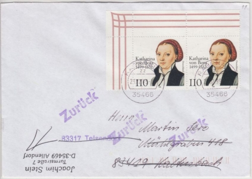 BRD - 500 Geb. Bora, 2x110 Pfg. Brief 2. Gew.st. Rabenau - Kaltenbach 1999