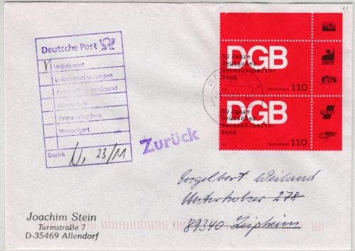 BRD - 50 J. Gewerkschaftsbund DGB, 2x110 Pfg. Brief 2. Gew.st. Rabenau 1999