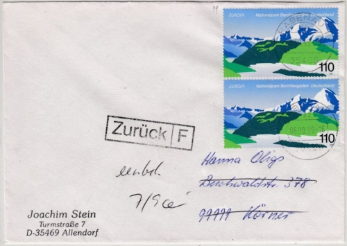 BRD - Natur- u. Nationalparks, Blockmarke, 2x110 Pfg. Brief 2. Gew.st. Rabenau