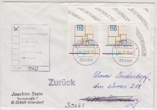 BRD - Int. Mathematiker-Kongress, 2x110 Pfg. Brief 2. Gew.st. Rabenau 1998 n.