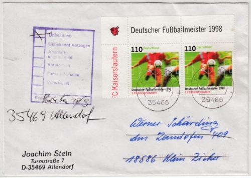 BRD - Dt. Fussballmeister Kaiserslautern, 2x110 Pfg. Brief 2. Gew.st. Rabenau n.