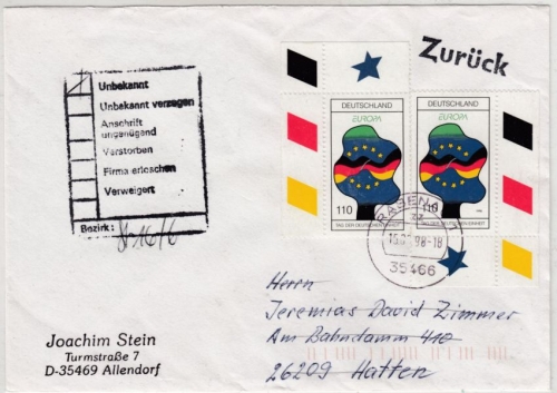 BRD - Tag d. Deutschen Einheit 2x110 Pfg. Brief 2. Gew.st. Rabenau - Hatten 1998