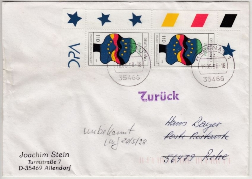 BRD - Tag d. Deutschen Einheit 2x110 Pfg. Brief 2. Gew.st. Rabenau - Rehe 1998