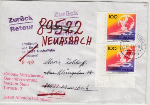 BRD - Int. Tourismusbörse ITB 2x100 Pfg. Brief 2. Gew.st. Allendorf-Lumda 1996