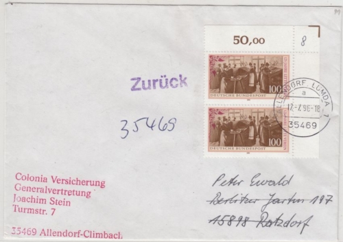 BRD - 125 Jahre Lette-Verein, 2x100 Pfg. Brief 2. Gew.st. Allendorf-Lumda 1996