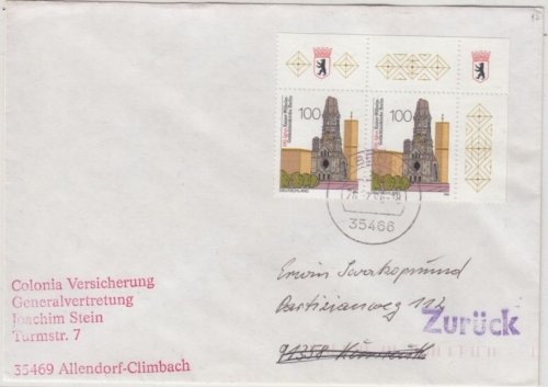 BRD - 100 J. Kaiser-Wilhelm-Gedächtniskirche, 2x100 Pfg. Brief 2. Gew.st.