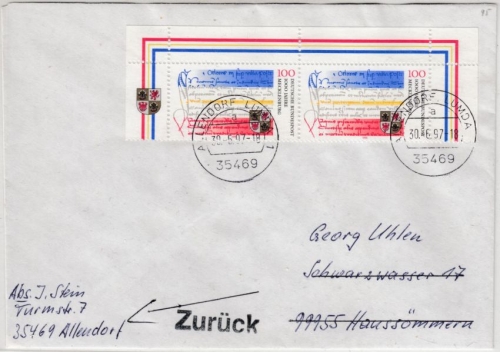 BRD - 1000 J. Mecklenburg, 2x100 Pfg. Brief 2. Gew.st. Allendorf-Lumda 1997