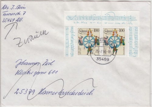 BRD - 100. Geb. Carl Orff, 2x100 Pfg. Brief 2. Gew.st. Allendorf-Lumda 1996