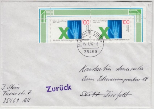 BRD - 100. Geb. Röntgen, 2x100 Pfg. Brief 2. Gew.st. Allendorf-Lumda 1997