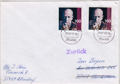 BRD - 100. Geb. Schuhmacher, 2x100 Pfg. Brief 2. Gew.st. Allendorf-Lumda 1997