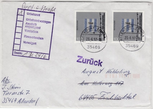 BRD - 50 J. KZ-Befreiung Blockmarke, 2x100 Pfg. Brief 2. Gew.st. Allendorf-Lumda