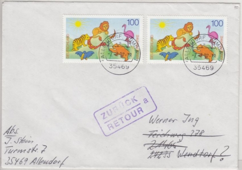 BRD - Für uns Kinder Blockmarke, 2x100 Pfg. Brief 2. Gew.st. Allendorf-Lumda