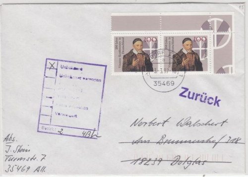 BRD - 150 J. Vinzenz-Konferenz, 2x100 Pfg. Brief 2. Gew.st. Allendorf-Lumda 1997