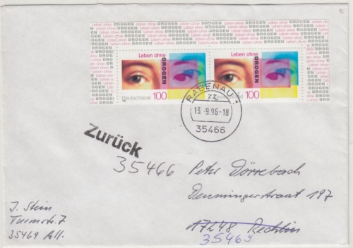 BRD - Drogenmissbrauch, 2x100 Pfg. Brief/FDC 2. Gew.st. Rabenau - Rechlin 1996