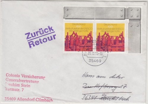 BRD - Völklinger Hütte, 2x100 Pfg. Brief 2. Gew.st. Allendorf-Lumda 1996