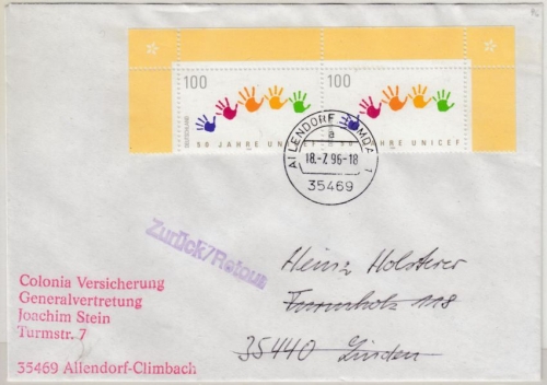BRD - 50 J. Kinderhilfswerk UNICEF, 2x100 Pfg. Brief/FDC 2. Gew.st. 1996
