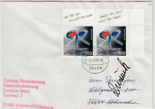BRD - 50 J. Ruhrfestspiele, 2x100 Pfg. Brief 2. Gew.st. Allendorf-Lumda 1996 n.