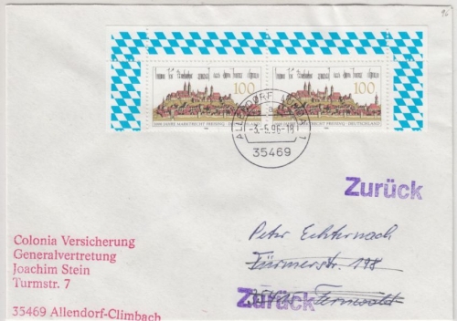BRD - 1000 J. Marktrecht Freising, 2x100 Pfg. Brief 2. Gew.st. Allendorf-Lumda