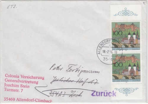 BRD - 800 J. Heidelberg, 2x100 Pfg. Brief 2. Gew.st. Allendorf-Lumda - Lich 1996