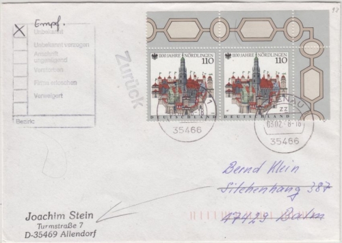 BRD - 1100 J. Nördlingen, 2x110 Pfg. Brief 2. Gew.st. Rabenau - Balm 1998