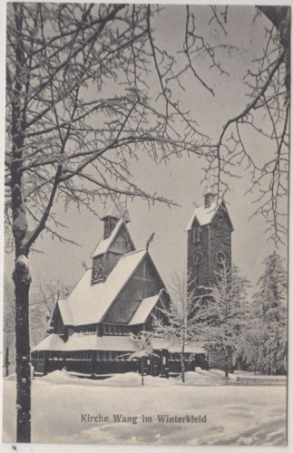 Schlesien - Brückenberg, Kirche Wang im Winterkleid, sw-AK gelaufen 1911
