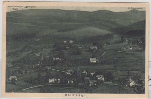 Schlesien - Hain i. Riesengebirge, sw-AK/Totalansicht gelaufen 1926