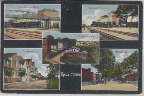 Pommern - Kreuz a/Ostbahn, Bahnhof etc. farb. Mehrbild-AK gelaufen/Feldpost 1917