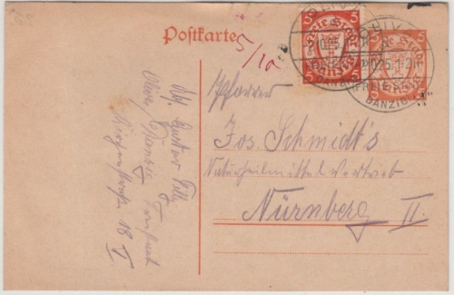 Danzig - 5 Pfg. GA-Karte+Zusatz, Olivia - Nürnberg 1925
