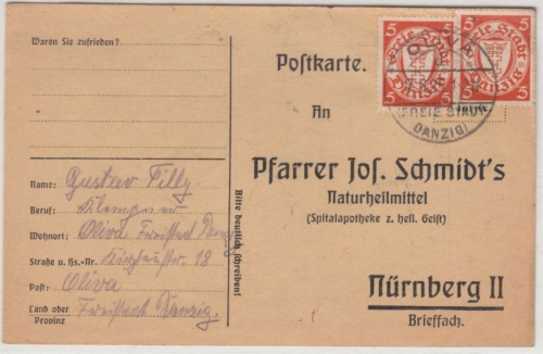 Danzig - 2x5 Pfg. Wappen, Karte Olivia - Nürnberg 1925