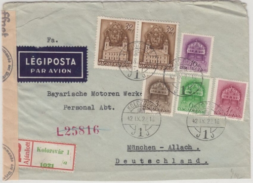 Ungarn - Luftpost-Einschreibebrief Kolozsvar - München-Allach/BMW, Zensur 1942