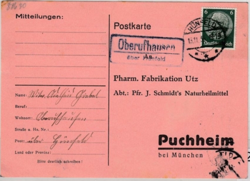 DR - Oberufhausen ü. Hünfeld, Landpost-Ra2 Karte n. Puchheim 1936