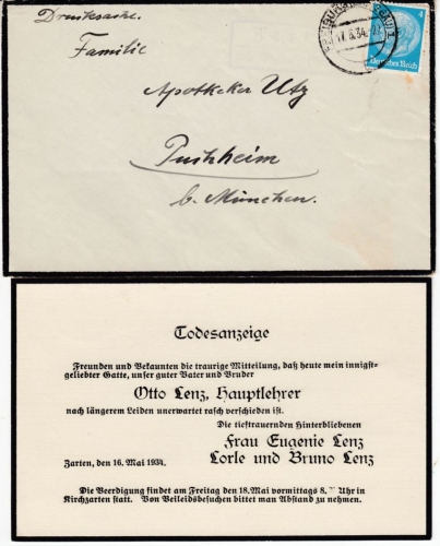 DR - Zarten ü. Freiburg, Landpost-Ra2 a. Trauerdrucksache n. Puchheim 1934