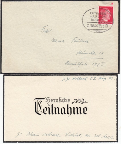 DR - Eutingen - Hausach Bahnpost Z.3846, Trauerbrief v. Wolfach - München 1943