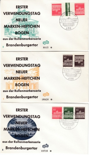 BRD - Brandenburger Tor, Zusammendrucke, 5 versch. Schmuck-FDC 1966
